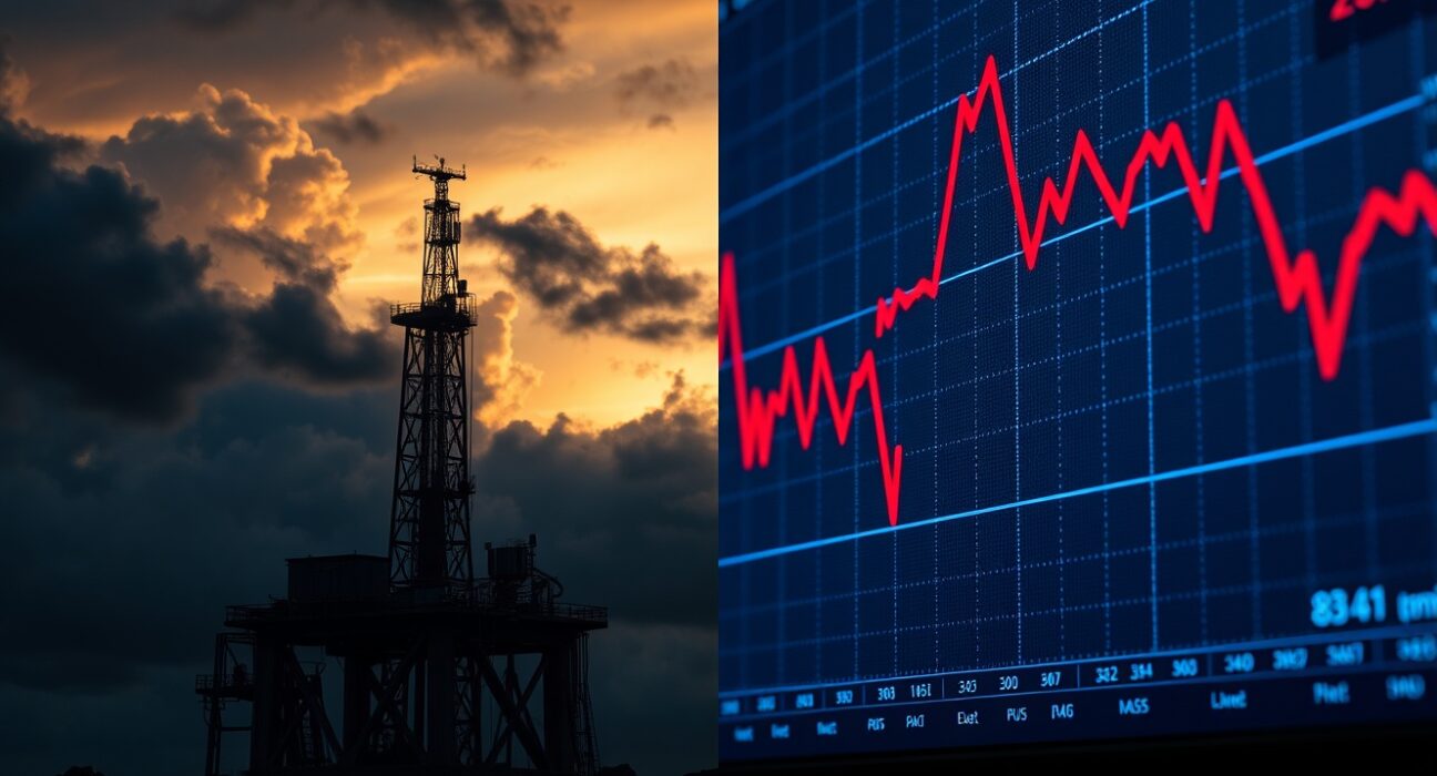 Split image showing oil drilling platform at sunset and stock market monitor with red charts indicating falling AI stocks.