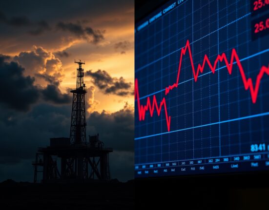 Split image showing oil drilling platform at sunset and stock market monitor with red charts indicating falling AI stocks.