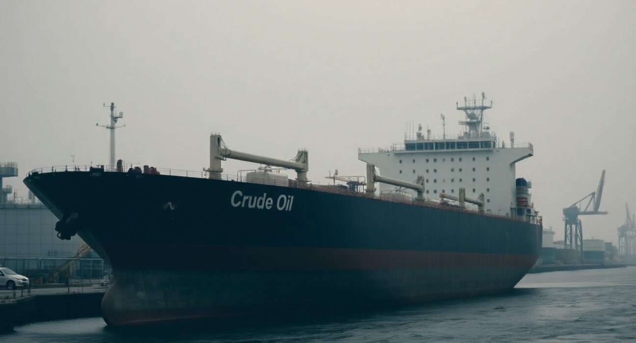 Crude oil tanker docked at a port with storage tanks in the background, representing oversupply.