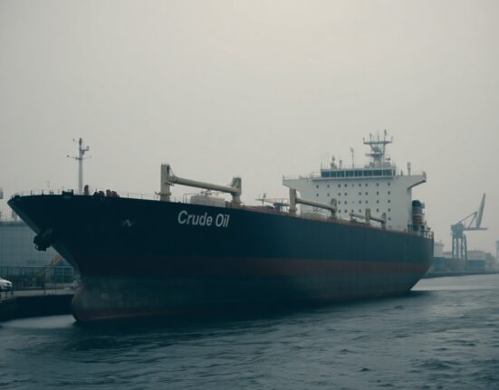 Crude oil tanker docked at a port with storage tanks in the background, representing oversupply.