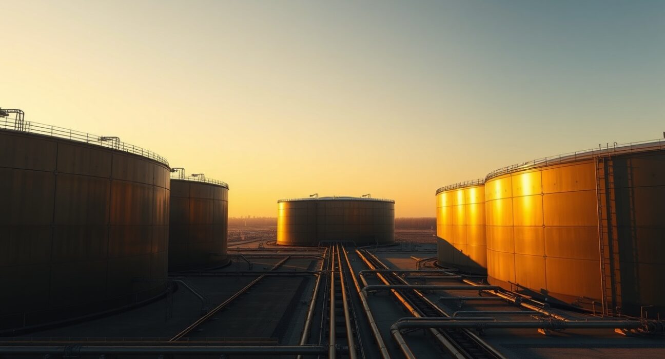 Aerial view of oil storage tanks at sunset, representing crude oil supply surplus.