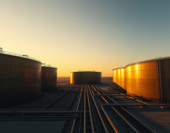Aerial view of oil storage tanks at sunset, representing crude oil supply surplus.
