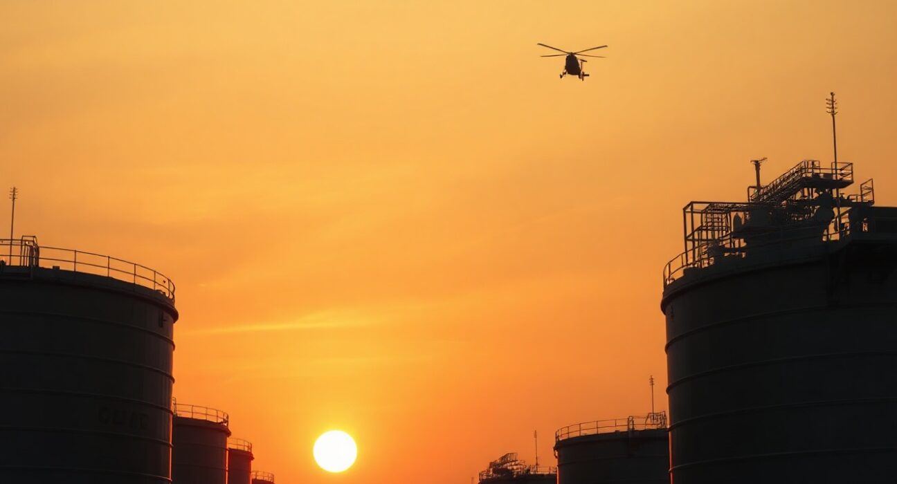 Crude oil storage tanks at sunset with a military helicopter silhouette in the distance.