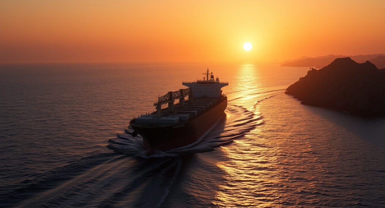 Oil tanker sailing through the strategic Strait of Hormuz at sunset.