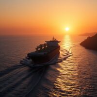 Oil tanker sailing through the strategic Strait of Hormuz at sunset.