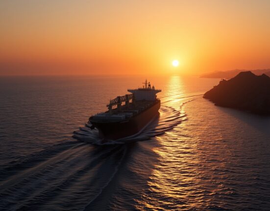 Oil tanker sailing through the strategic Strait of Hormuz at sunset.