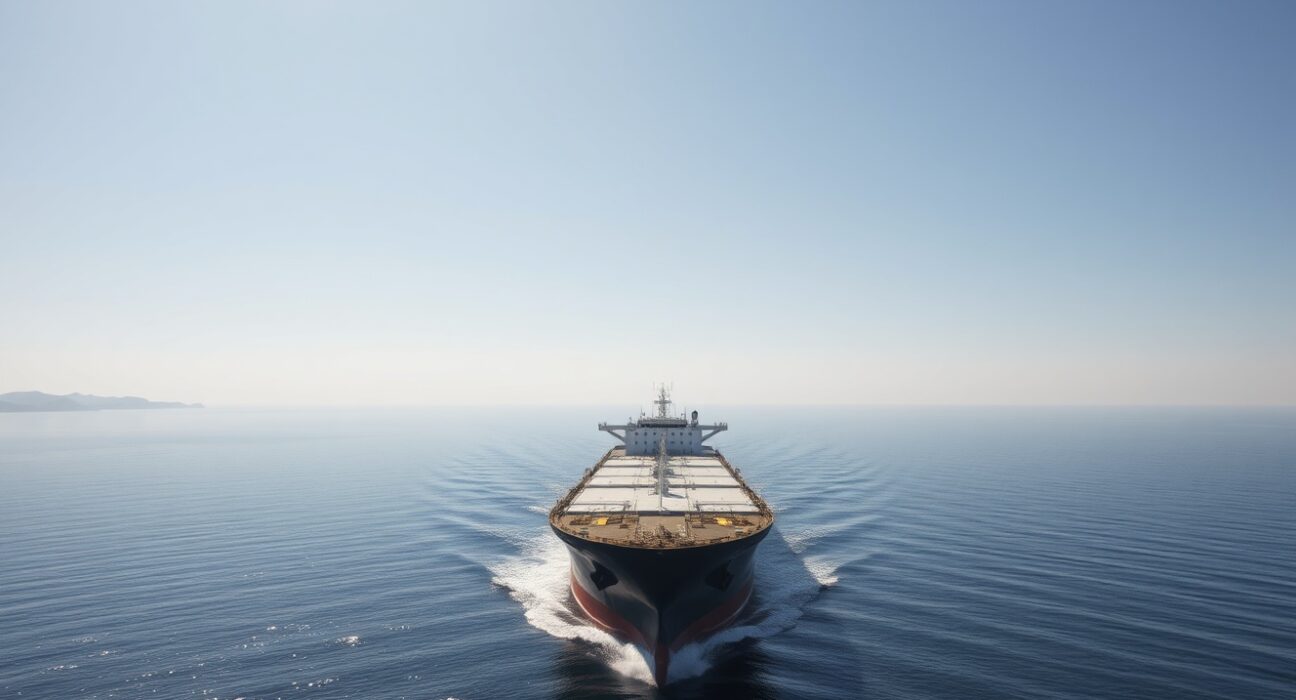Oil tanker navigating the Strait of Hormuz under clear skies.