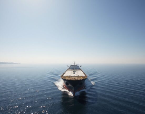 Oil tanker navigating the Strait of Hormuz under clear skies.