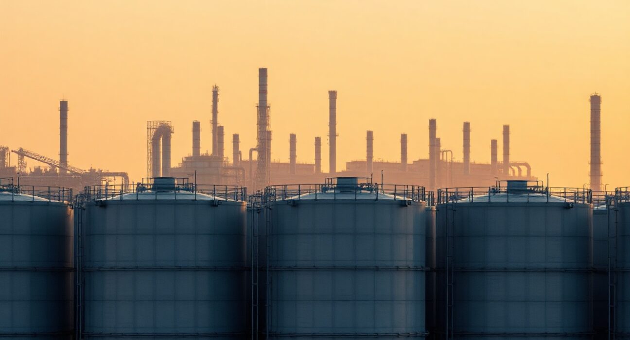 Oil storage tanks at sunset with refinery in background, representing crude oil market decline