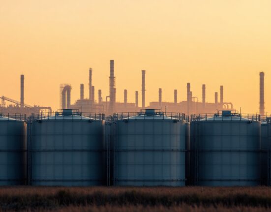 Oil storage tanks at sunset with refinery in background, representing crude oil market decline
