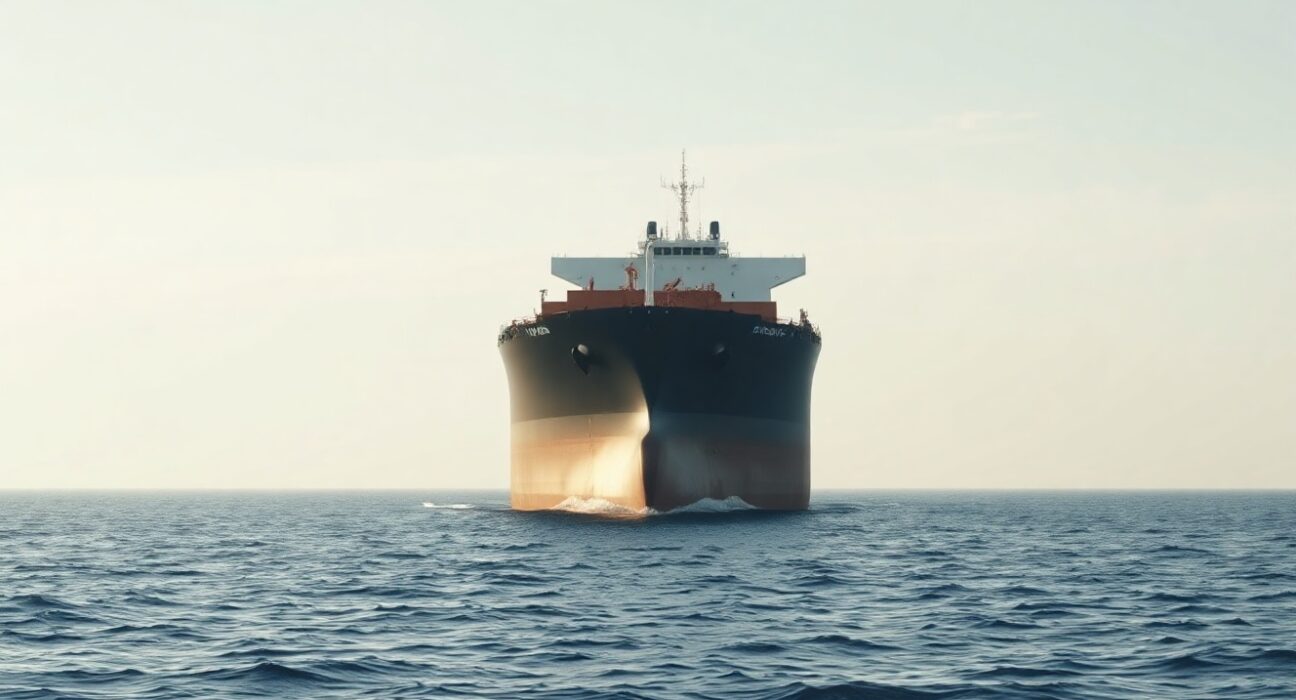 Large crude oil tanker at sea under clear sky, representing oil shipping and market dynamics.