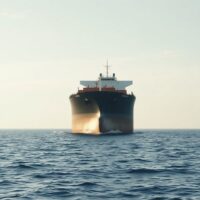 Large crude oil tanker at sea under clear sky, representing oil shipping and market dynamics.
