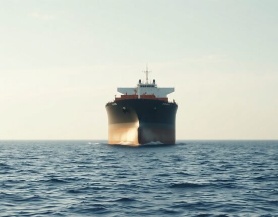 Large crude oil tanker at sea under clear sky, representing oil shipping and market dynamics.
