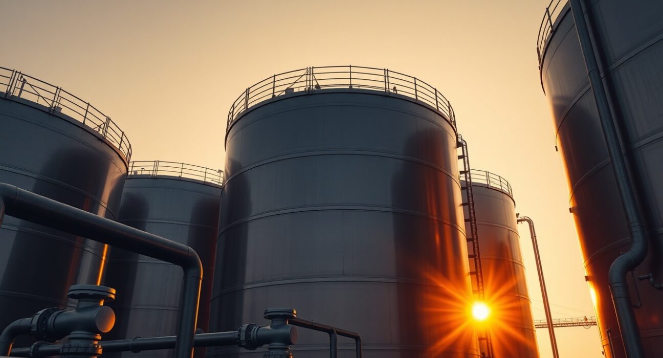 Oil storage tanks at sunset, representing crude oil market dynamics and potential rebound.