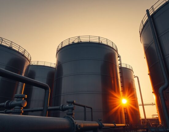 Oil storage tanks at sunset, representing crude oil market dynamics and potential rebound.