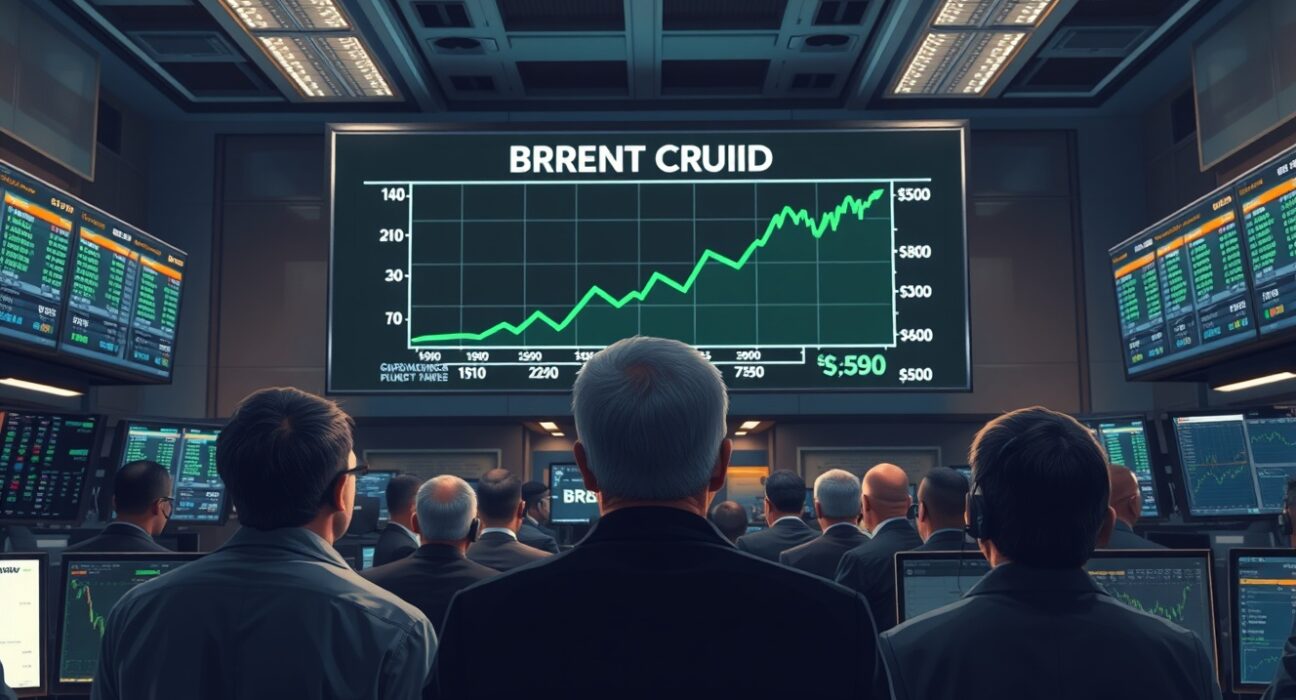 Crude oil price surge above $90 shown on a trading floor display as market uncertainty grows.