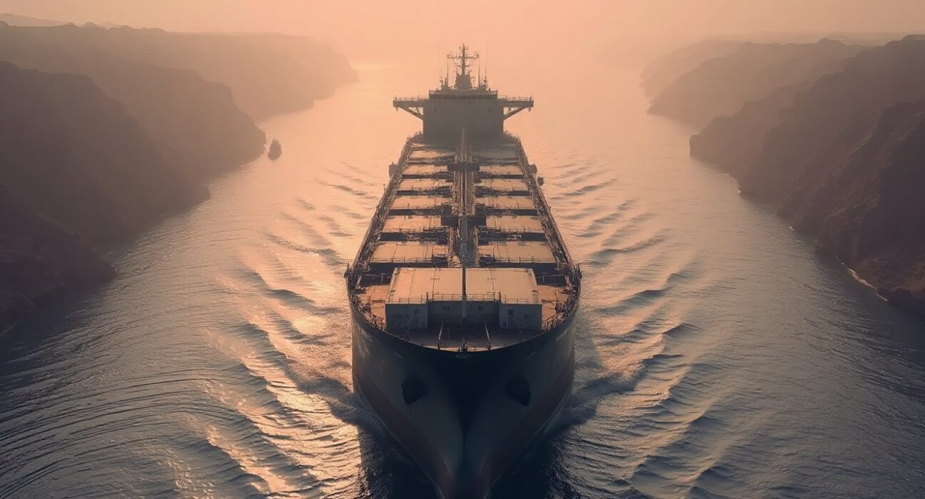 Oil tanker navigating the Strait of Hormuz under hazy sunlight with patrol boat in distance