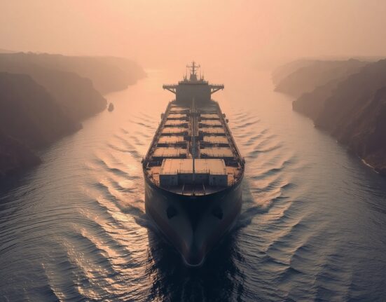 Oil tanker navigating the Strait of Hormuz under hazy sunlight with patrol boat in distance