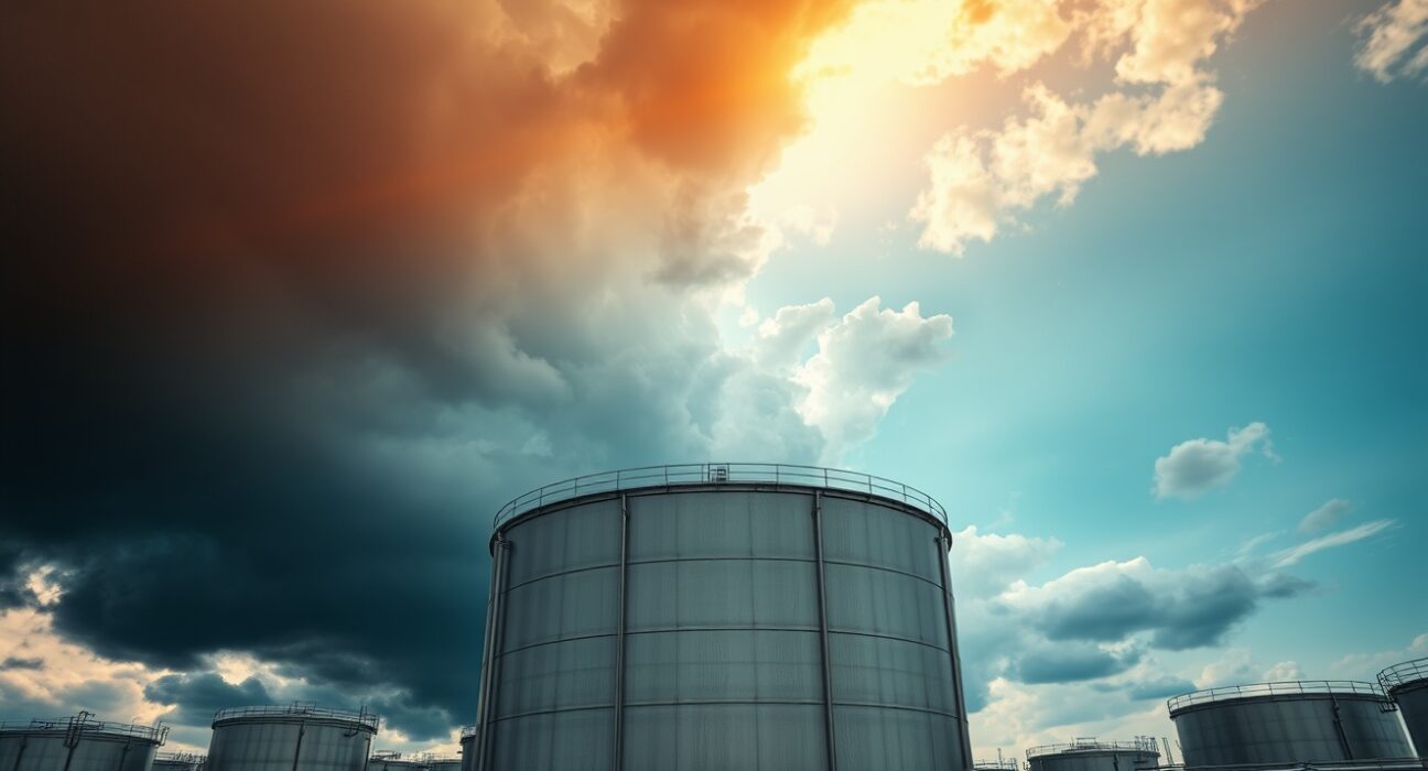 A large crude oil storage tank at a terminal under a dramatic stormy sky with a break of sunlight, symbolizing market volatility.