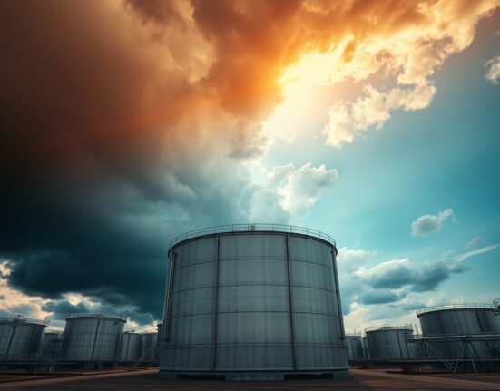 A large crude oil storage tank at a terminal under a dramatic stormy sky with a break of sunlight, symbolizing market volatility.