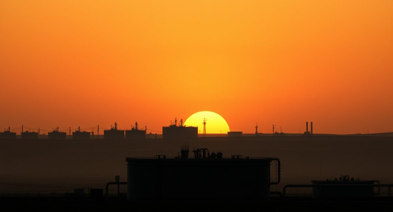 Empty oil storage tanks at sunset symbolizing declining crude oil demand and fading geopolitical risk premium.