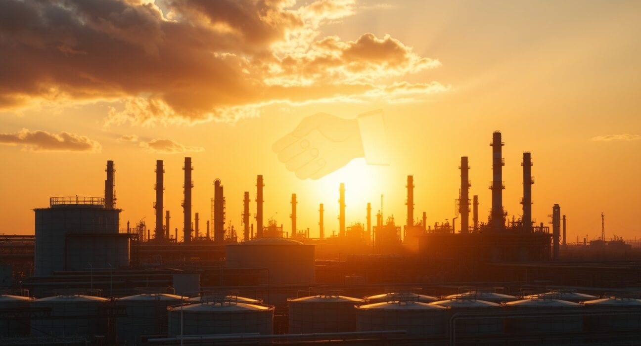 Oil refinery at sunset with diplomatic silhouette symbolizing US-Iran deal