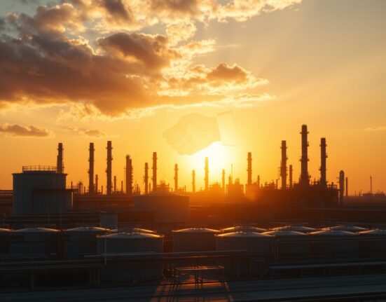 Oil refinery at sunset with diplomatic silhouette symbolizing US-Iran deal
