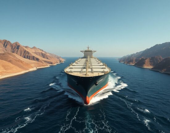 Oil tanker in the Strait of Hormuz during geopolitical tensions impacting crude oil prices.