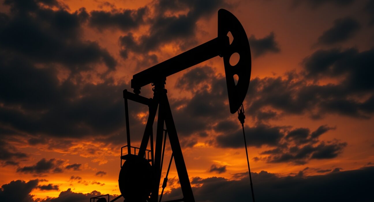 Crude oil pumpjack silhouetted against a tense sunset sky, symbolizing geopolitical pressure on energy markets.