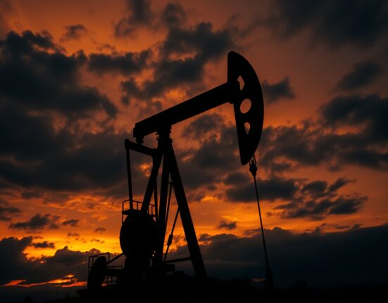 Crude oil pumpjack silhouetted against a tense sunset sky, symbolizing geopolitical pressure on energy markets.
