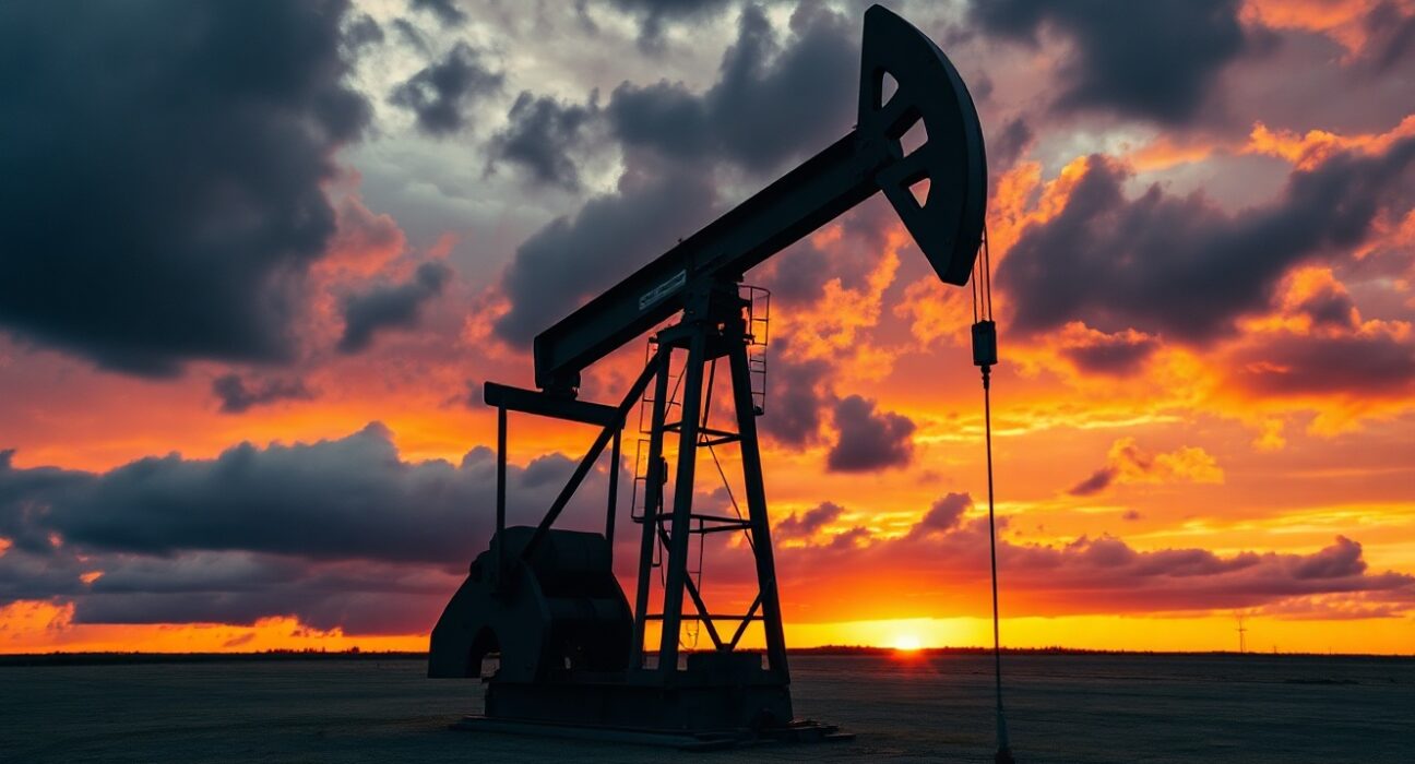 Oil pumpjack silhouette against stormy sunset sky representing geopolitical risk and rising crude oil prices.