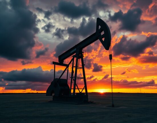 Oil pumpjack silhouette against stormy sunset sky representing geopolitical risk and rising crude oil prices.