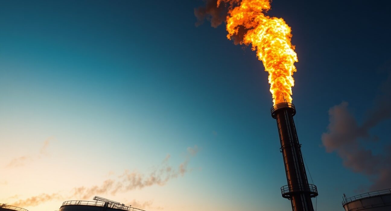 Oil storage tanks and a burning flare stack at sunset, symbolizing war-risk pricing in crude oil markets.