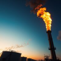 Oil storage tanks and a burning flare stack at sunset, symbolizing war-risk pricing in crude oil markets.