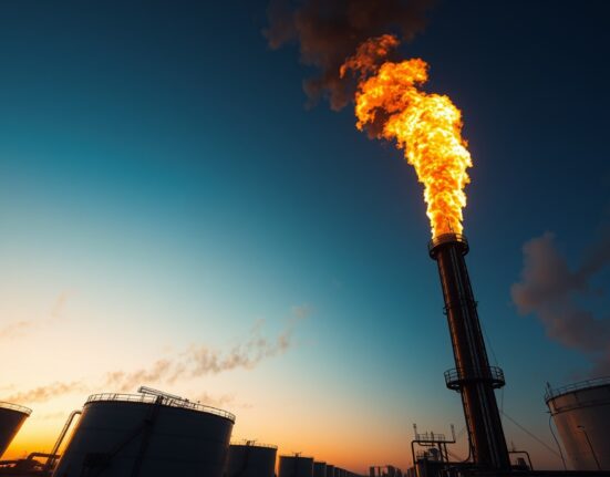 Oil storage tanks and a burning flare stack at sunset, symbolizing war-risk pricing in crude oil markets.
