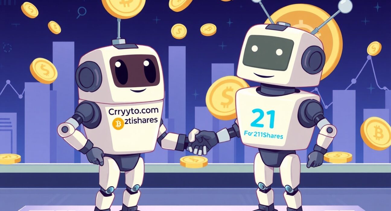 Cartoon illustration of Crypto.com and 21Shares partnership launching a new CRO investment product.