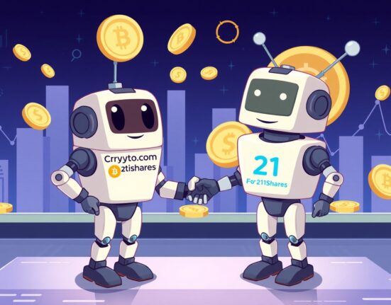 Cartoon illustration of Crypto.com and 21Shares partnership launching a new CRO investment product.