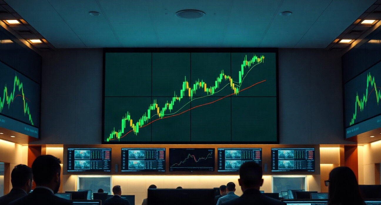 Digital trading floor with screens showing rising market charts and green trend lines