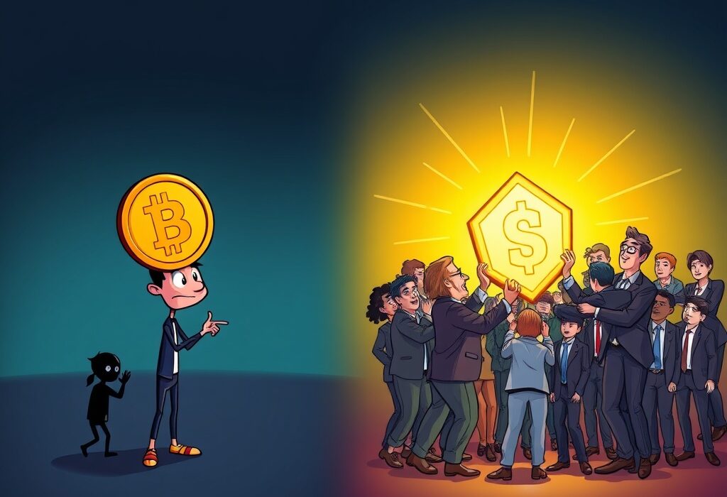 A cartoon illustrating the remarkable journey of crypto adoption, transitioning from initial skepticism to widespread acceptance and sensation.