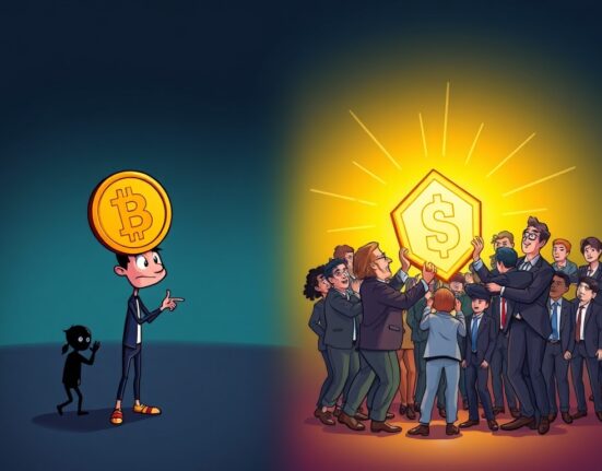 A cartoon illustrating the remarkable journey of crypto adoption, transitioning from initial skepticism to widespread acceptance and sensation.