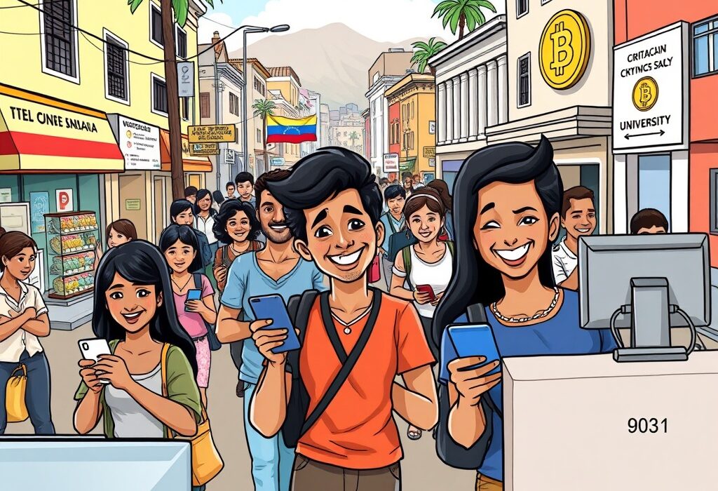 Cartoon showing Venezuelans using crypto adoption Venezuela to overcome hyperinflation, symbolizing financial empowerment and everyday transactions.