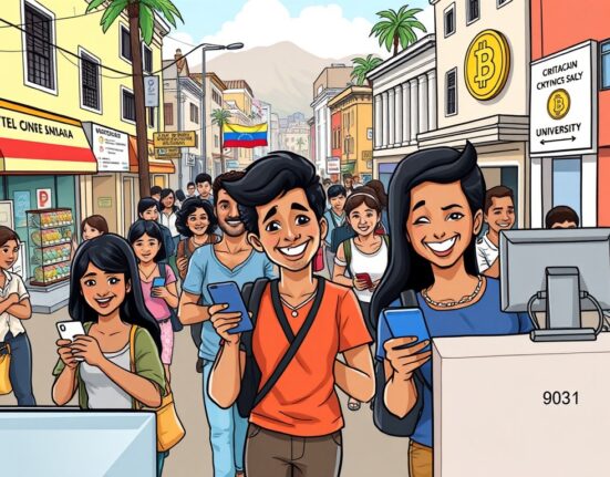 Cartoon showing Venezuelans using crypto adoption Venezuela to overcome hyperinflation, symbolizing financial empowerment and everyday transactions.