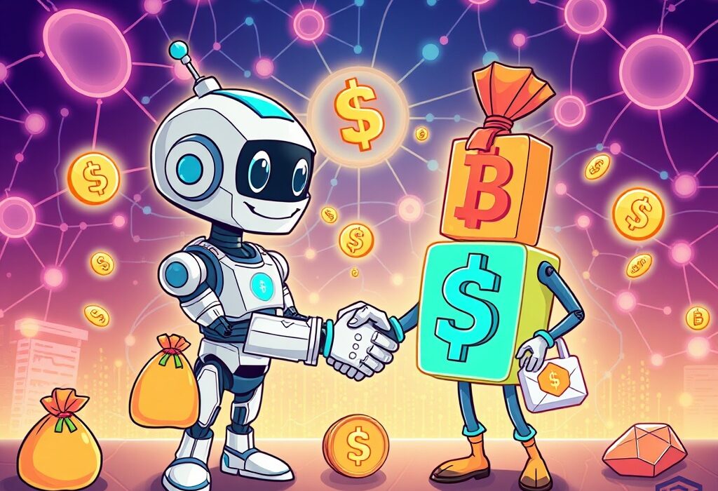 A vibrant cartoon depicting a successful funding round for a Crypto AI startup, symbolizing the integration of AI and blockchain for future growth.