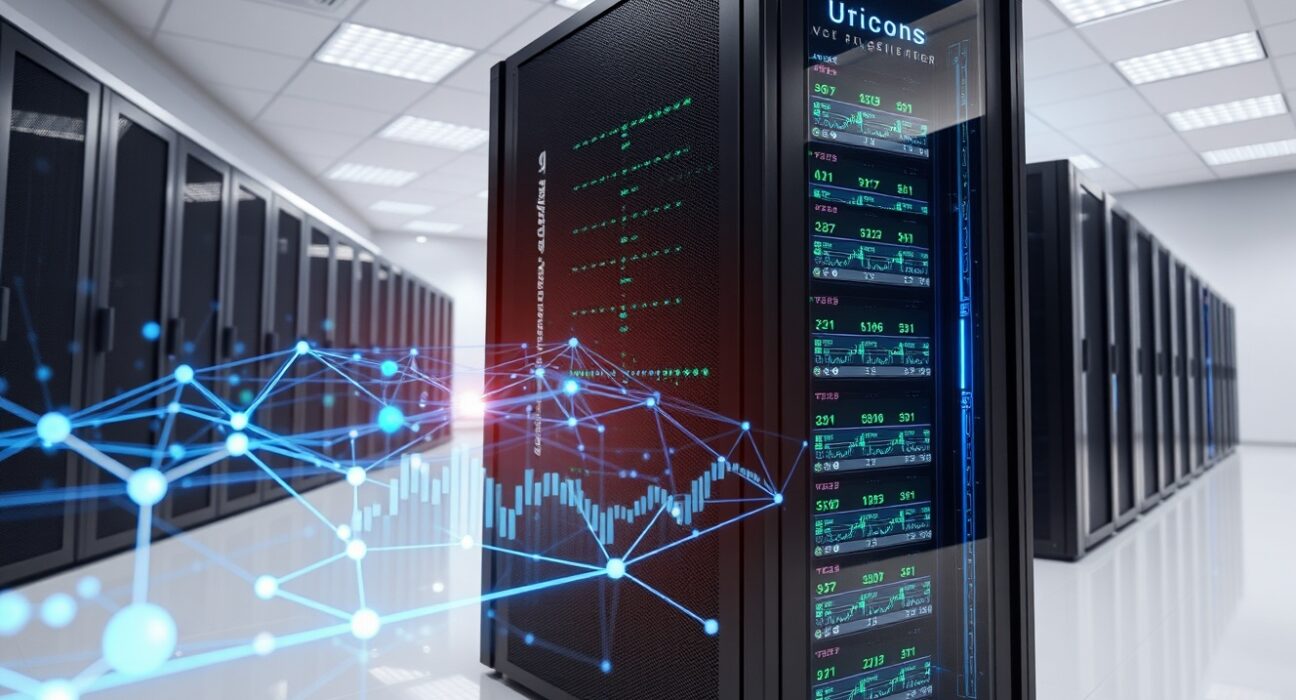 AI and cryptocurrency infrastructure integration showing neural networks with blockchain technology for market analysis.
