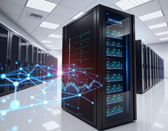 AI and cryptocurrency infrastructure integration showing neural networks with blockchain technology for market analysis.