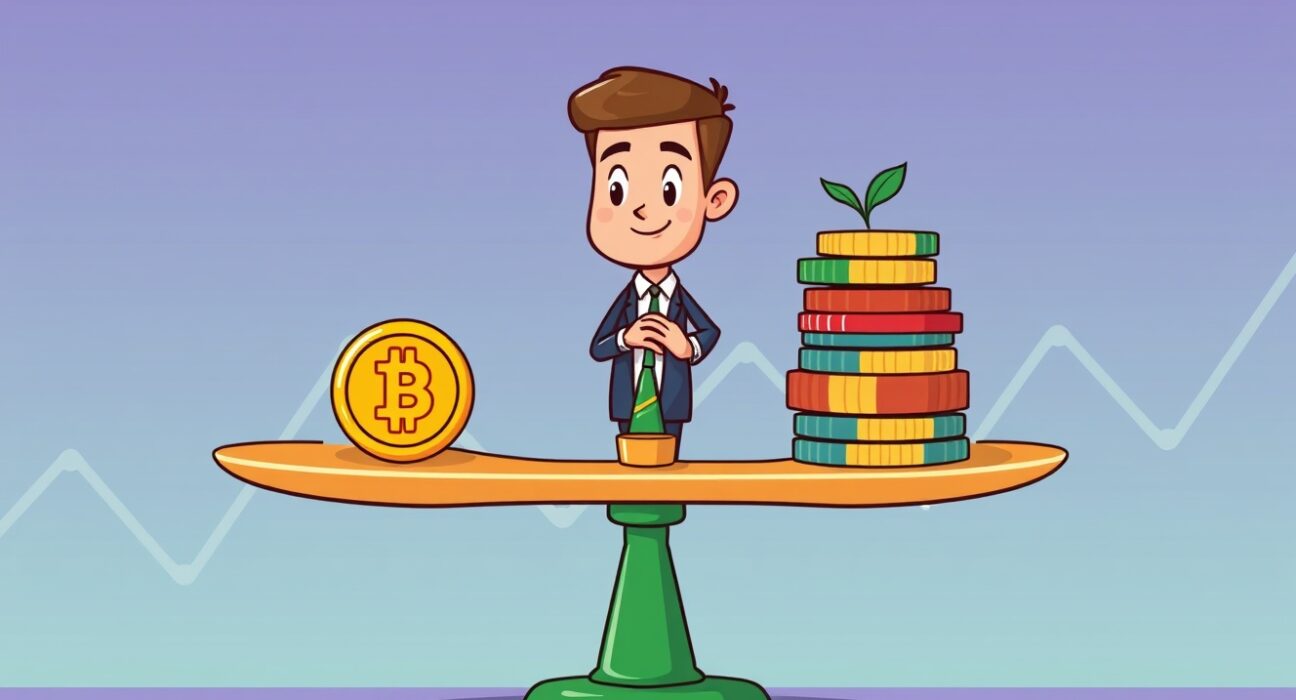 Balanced cartoon scale showing a small crypto allocation managing portfolio volatility against traditional assets.