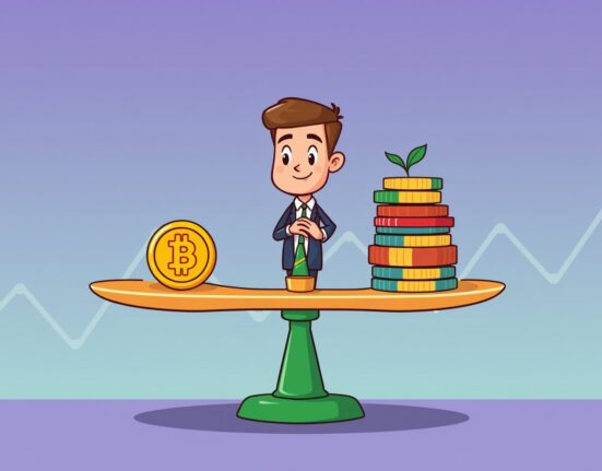 Balanced cartoon scale showing a small crypto allocation managing portfolio volatility against traditional assets.