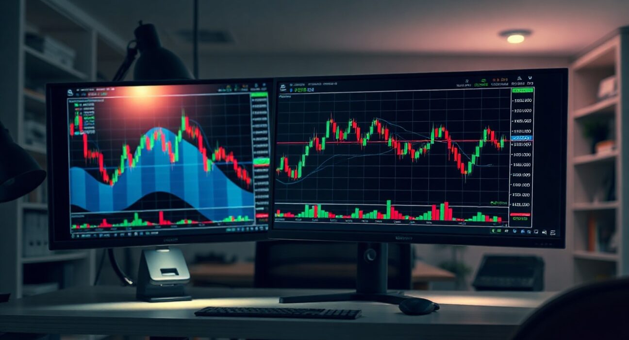 Crypto trading desk with altcoin charts showing upward trends in dim office lighting
