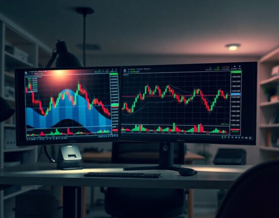 Crypto trading desk with altcoin charts showing upward trends in dim office lighting
