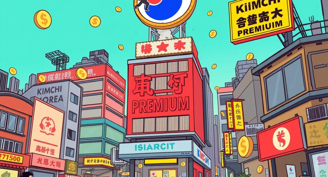 A cartoon showing crypto arbitrage fueling illegal forex transactions in South Korea, highlighting the Kimchi premium.